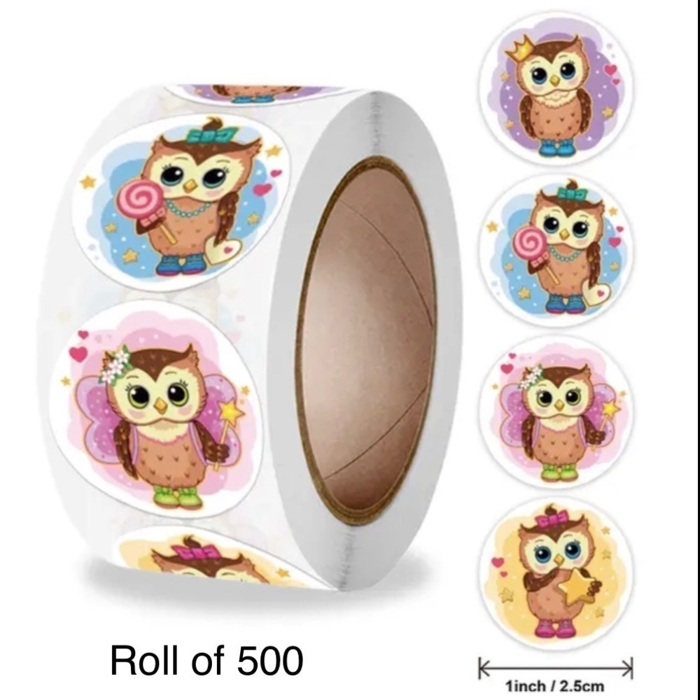 Roll of 500 Thank You Cartoon Owl Stickers 2.5 cm